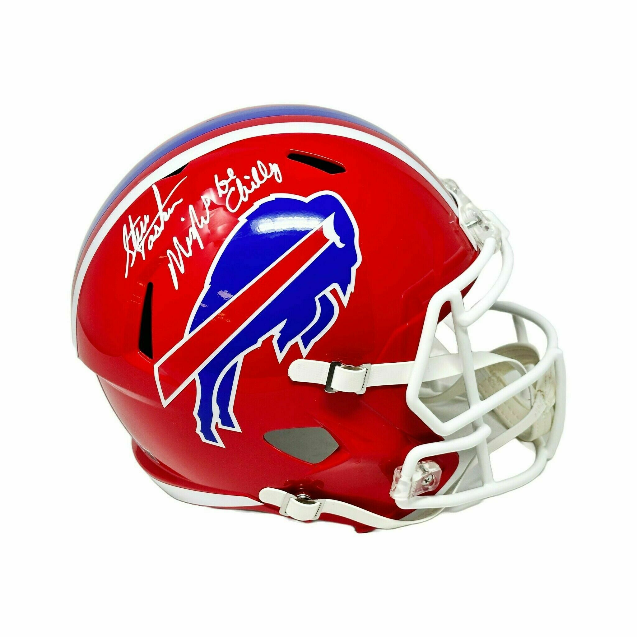 Steve Tasker Signed Full Size Buffalo Bills Red Throwback Speed Replica Helmet with "Might Be Chilly"