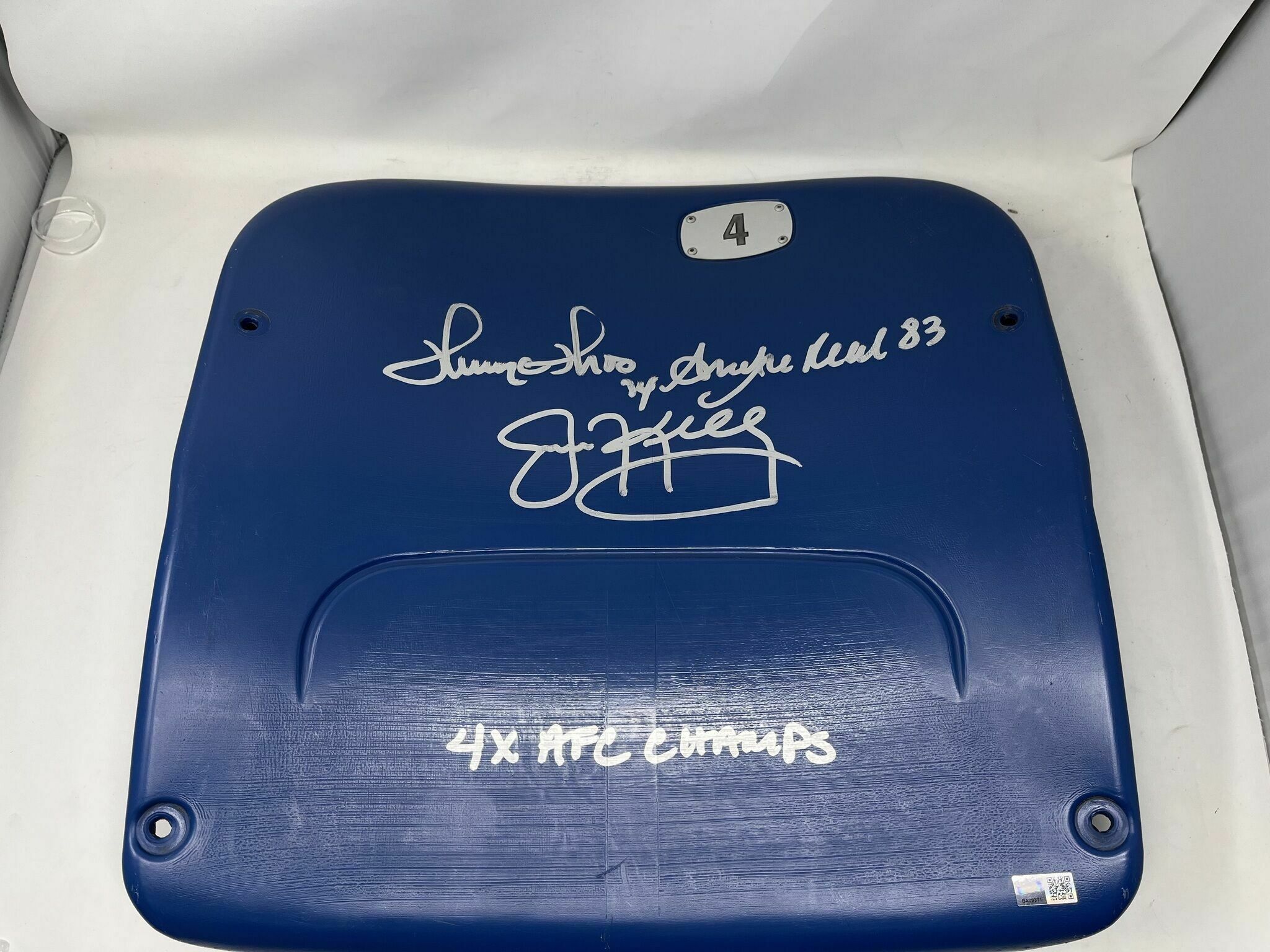Kelly, Thomas, Reed Triplet Signed Blue Stadium Seat Back with "4X AFC Champs"