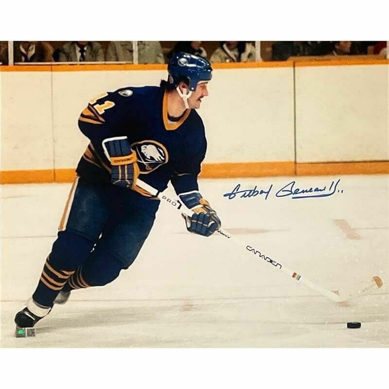 Gilbert Perreault Signed Skating in Blue with Stick Down Horizontal Photo 16x20