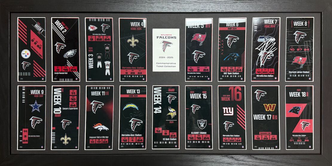 Incl Bates signed tix - COMPLETED Falcons Commemorative Ticket Frame 2024-2025