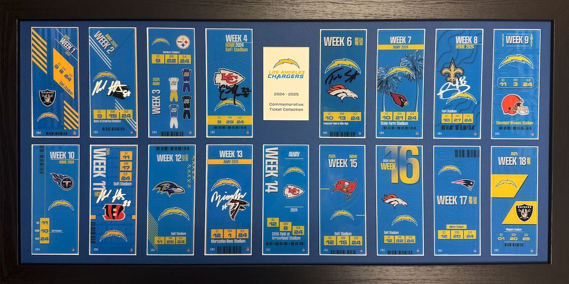 Incl 6 player signed tickets - COMPLETED Chargers Commemorative Ticket Frame 2024-2025