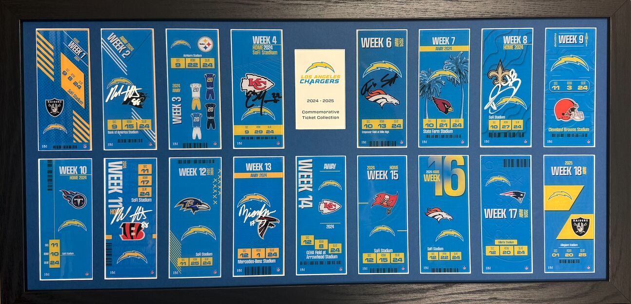Incl 6 player signed tickets - COMPLETED Chargers Commemorative Ticket Frame 2024-2025