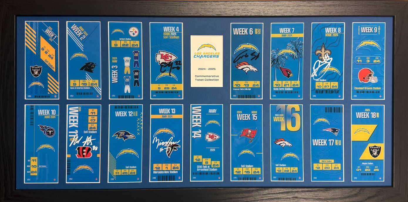 Incl 5 player signed tickets - COMPLETED Chargers Commemorative Ticket Frame 2024-2025