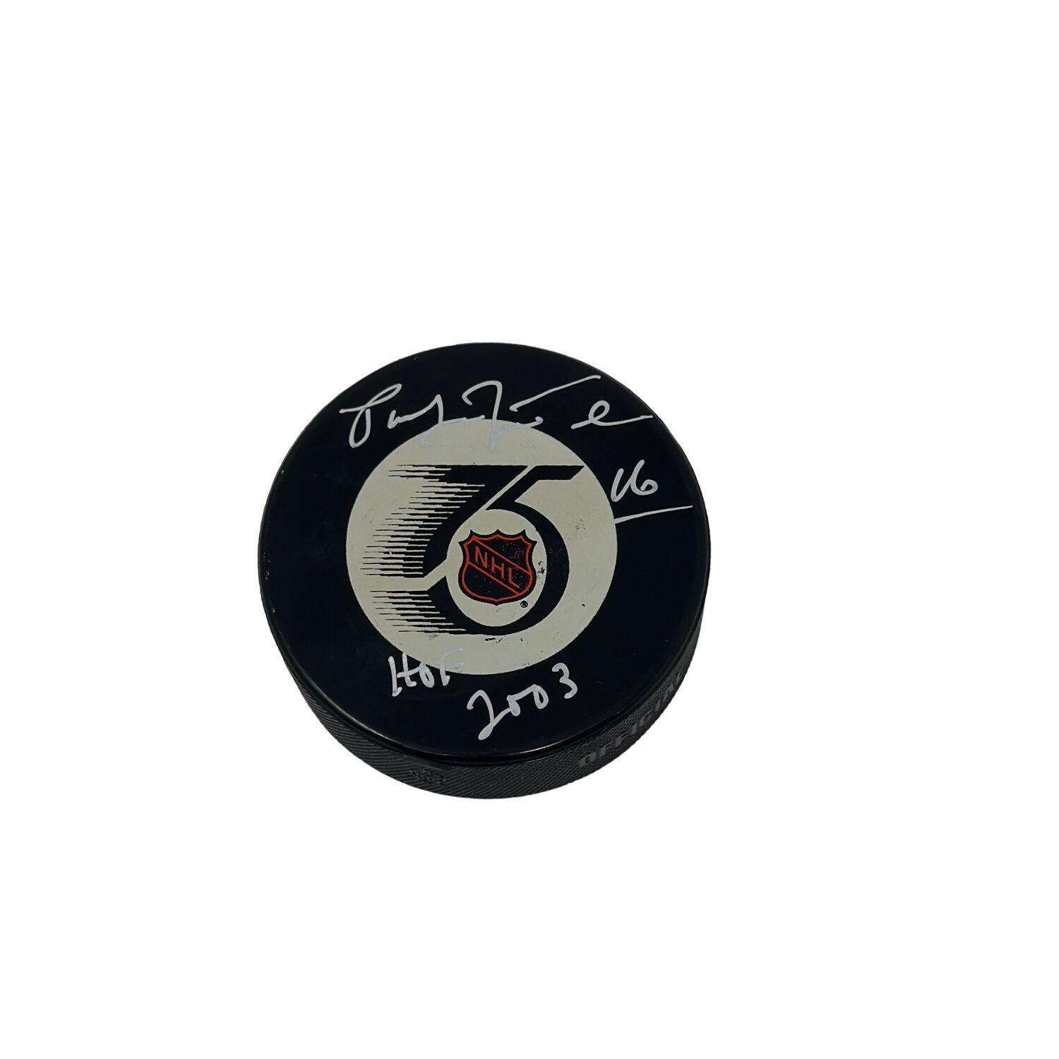 Pat LaFontaine Signed 75th Anniversary Logo Puck