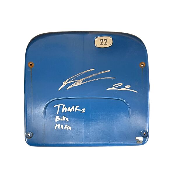 GIVEAWAY: Ray Davis Autographed Authentic Highmark Stadium Blue Seatback with "Thanks Bills Mafia"
