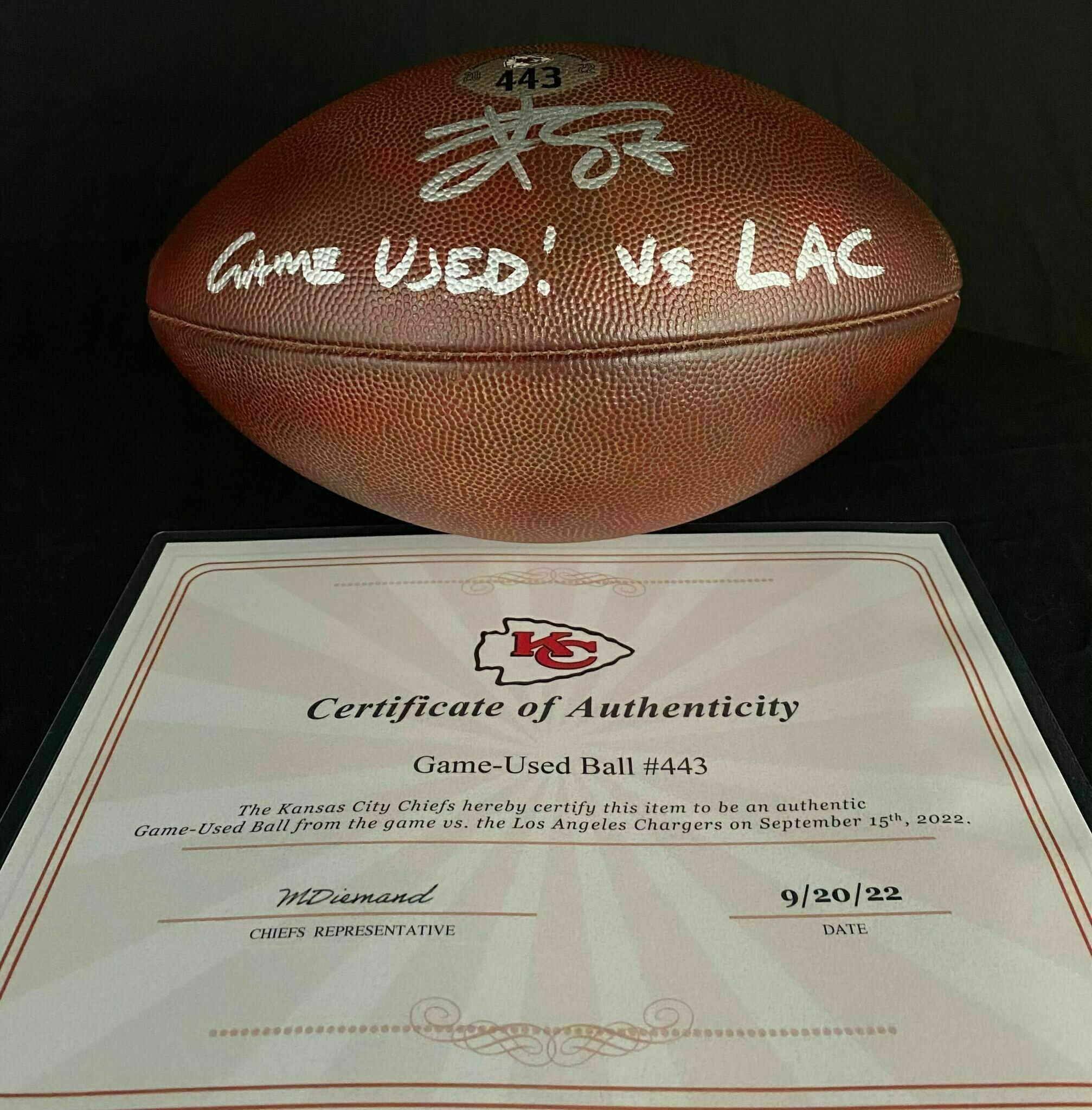 Kelce Signed & Inscribed Game-Used Ball #443 vs Chargers
