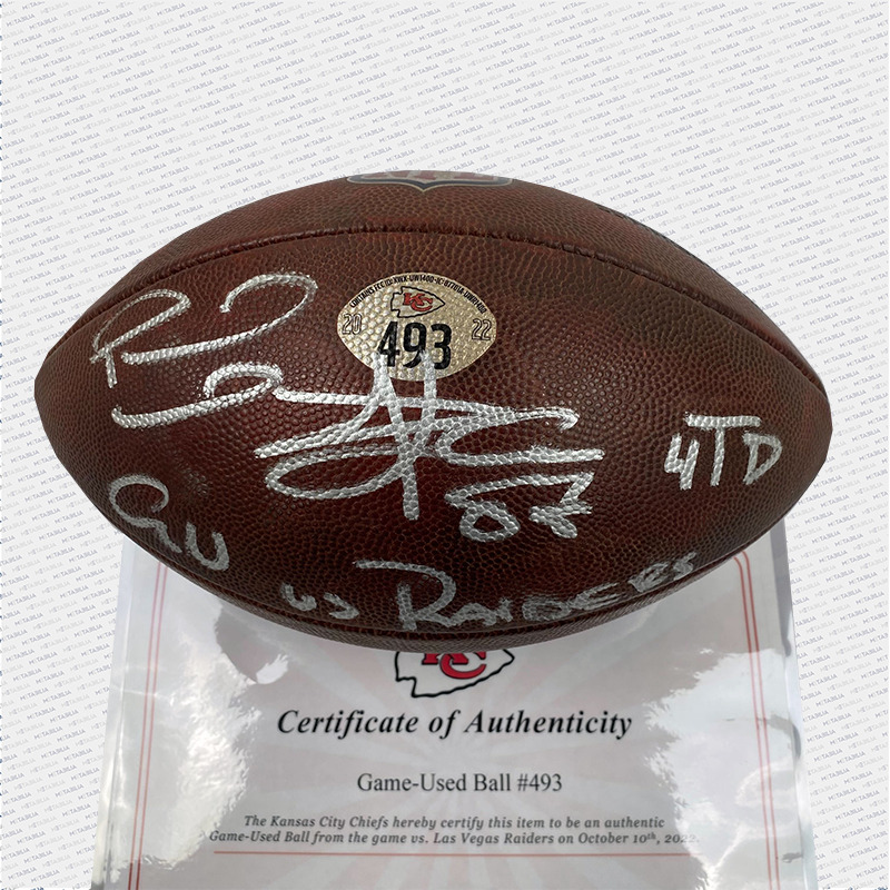 Mahomes & Kelce Dual 4 TD Game Signed Game Used Ball #493 vs Raiders