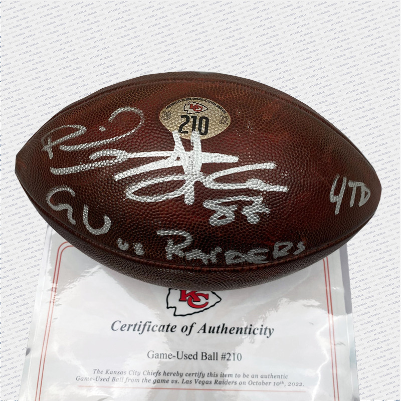 Mahomes & Kelce Dual Signed & Inscribed 4 TD Game-Used Ball #210 vs Raiders