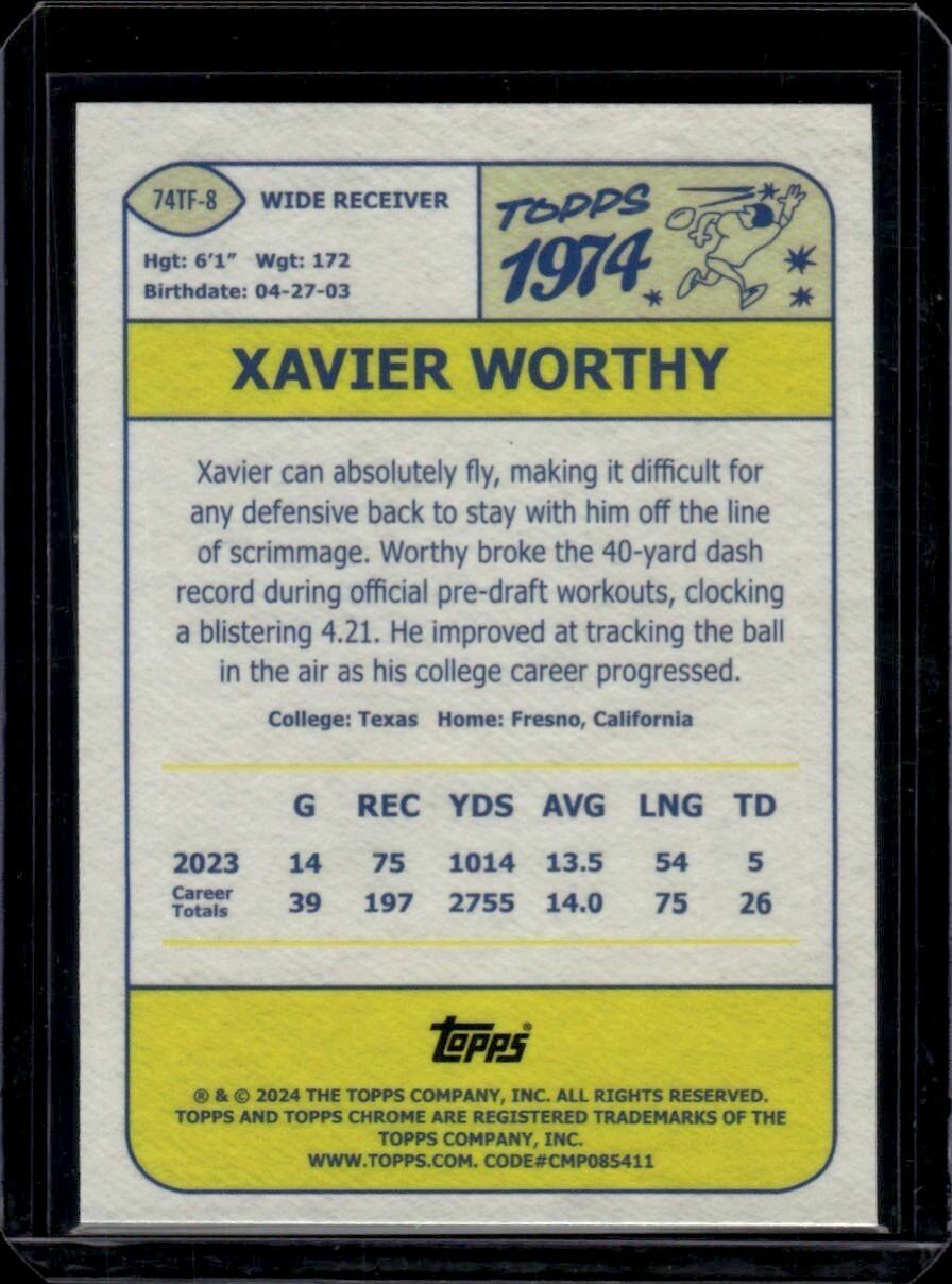 2024 Topps Chrome Xavier Worthy 1974 Topps Football Rookie Trading Card