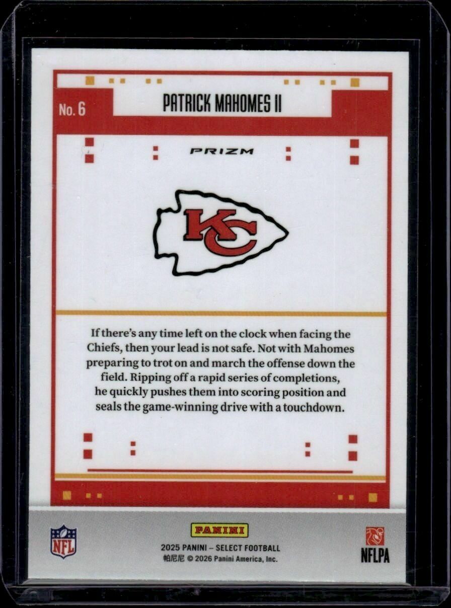 2025 Panini Select Patrick Mahomes II Score Select Throwback Silver Prizm Trading Card