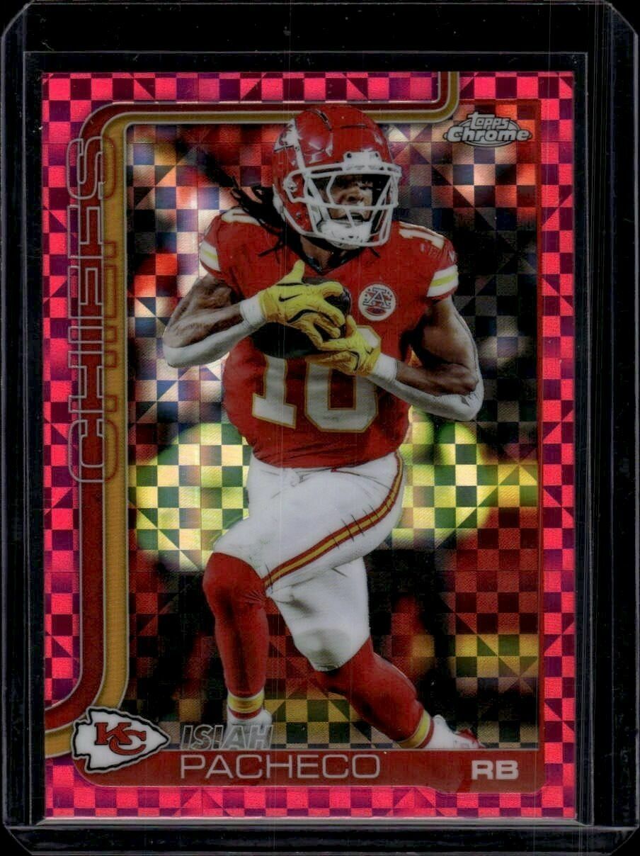 2025 Topps Chrome Isiah Pacheco Hot Pink X-Fractor Trading Card