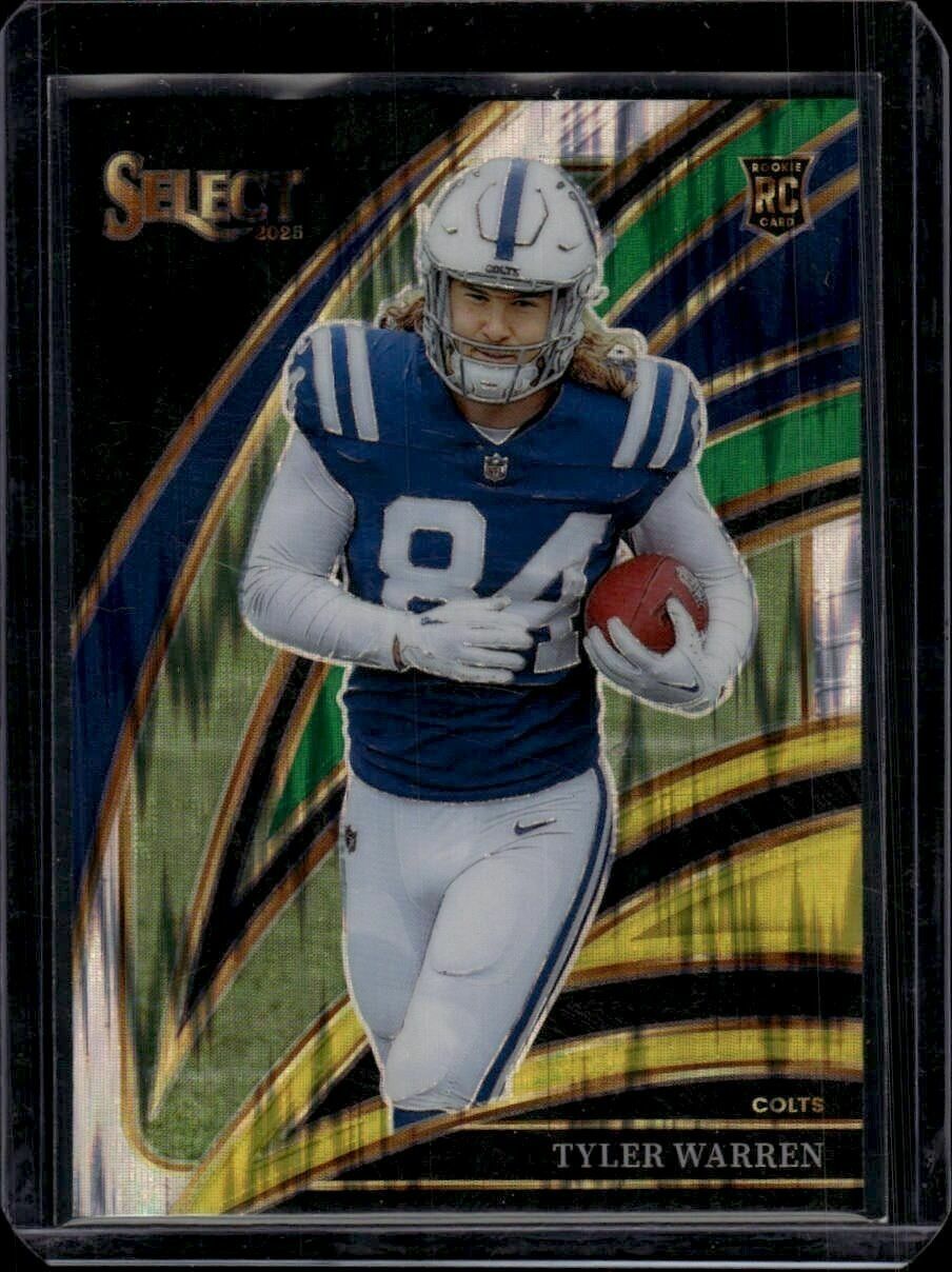 2025 Panini Select Tyler Warren Club Level Green & Yellow Shock Prizm Rookie Trading Card