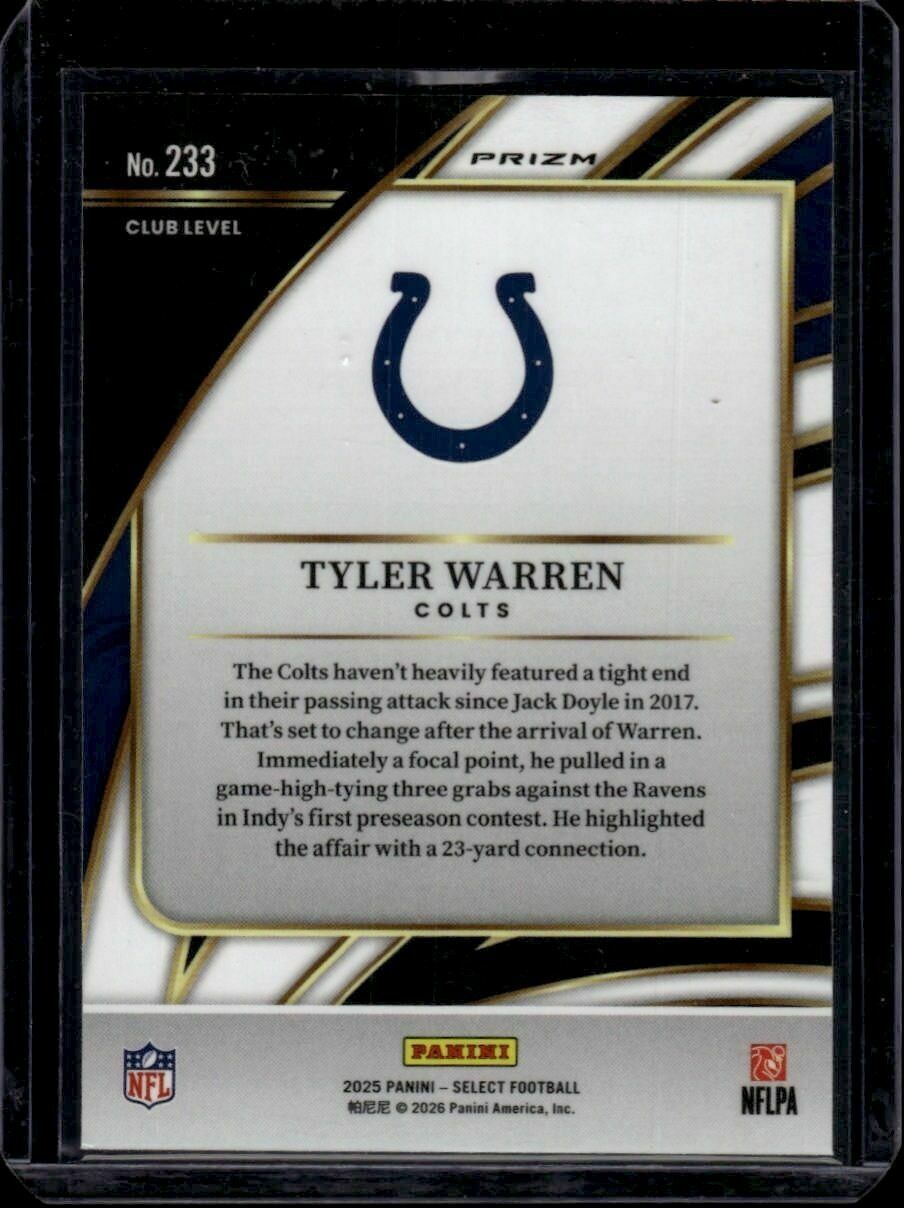 2025 Panini Select Tyler Warren Club Level Green & Yellow Shock Prizm Rookie Trading Card