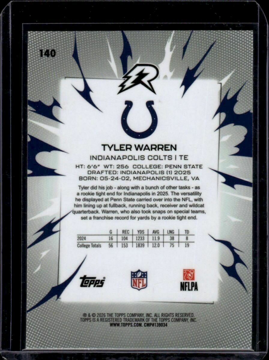 2025 Topps Resurgence Tyler Warren Shock Rookie Trading Card