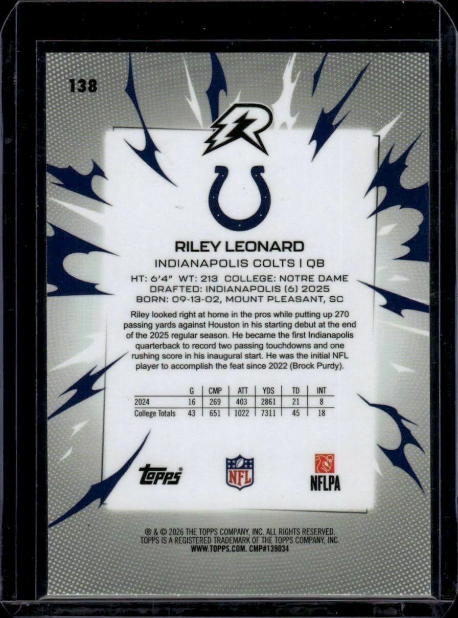 2025 Topps Resurgence Riley Leonard Sky Blue & Pink Shock Refractor Rookie Trading Card