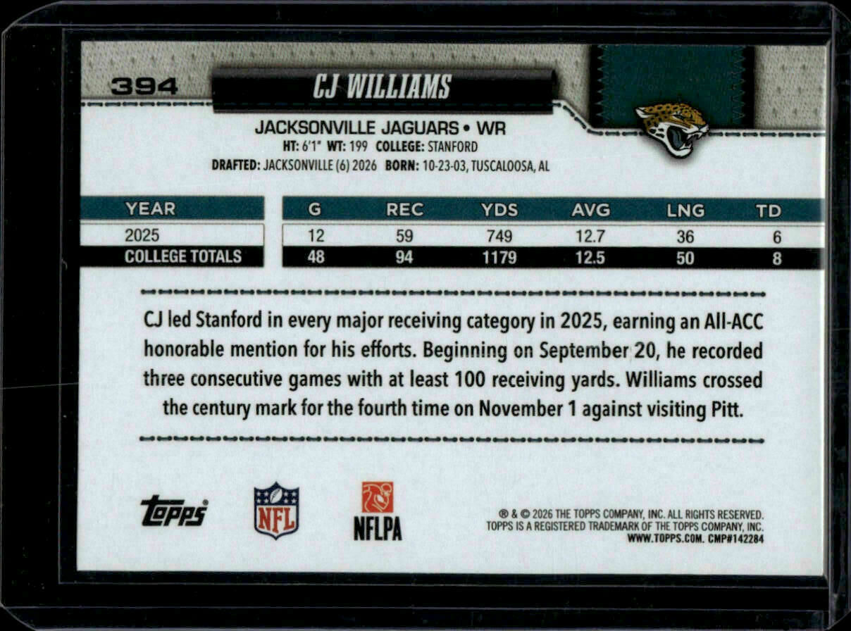 2026 Topps Flagship C.J. Williams Rookie Trading Card