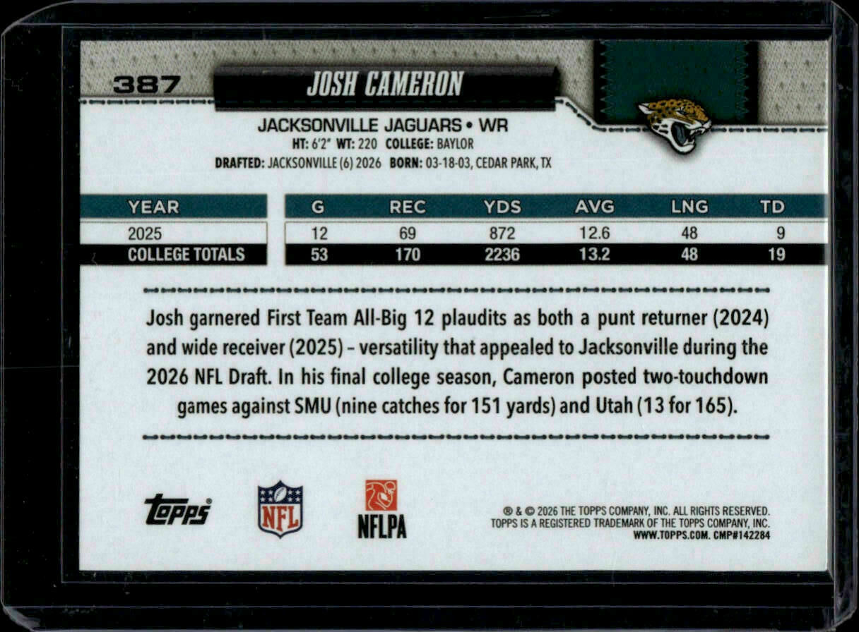 2026 Topps Flagship Josh Cameron Rookie Trading Card
