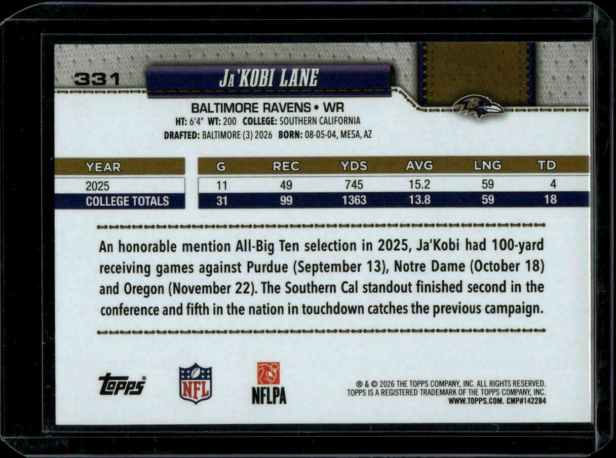 2026 Topps Flagship Ja'Kobi Lane Rookie Trading Card