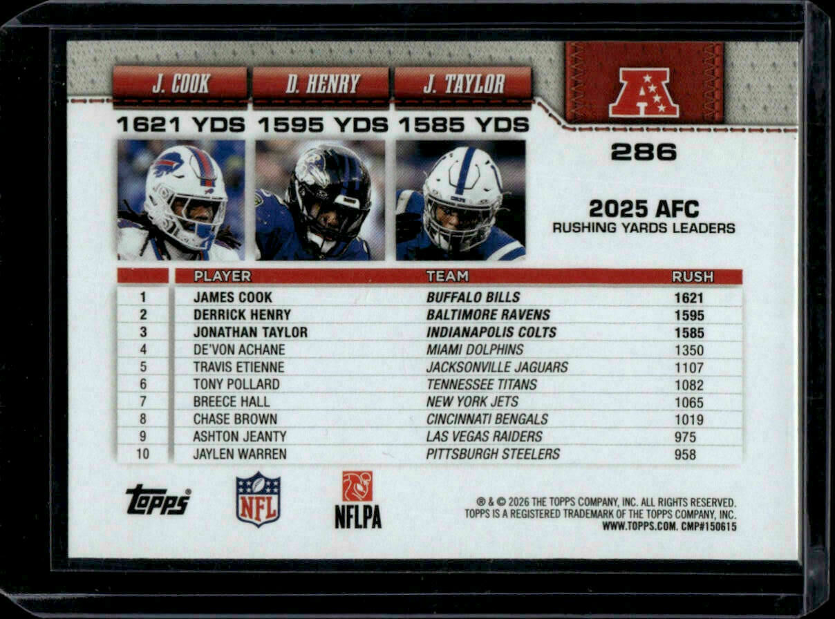 2026 Topps Flagship AFC Rushing Leaders (Derrick Henry / Jonathan Taylor / James Cook) Glitter Refractor Trading Card