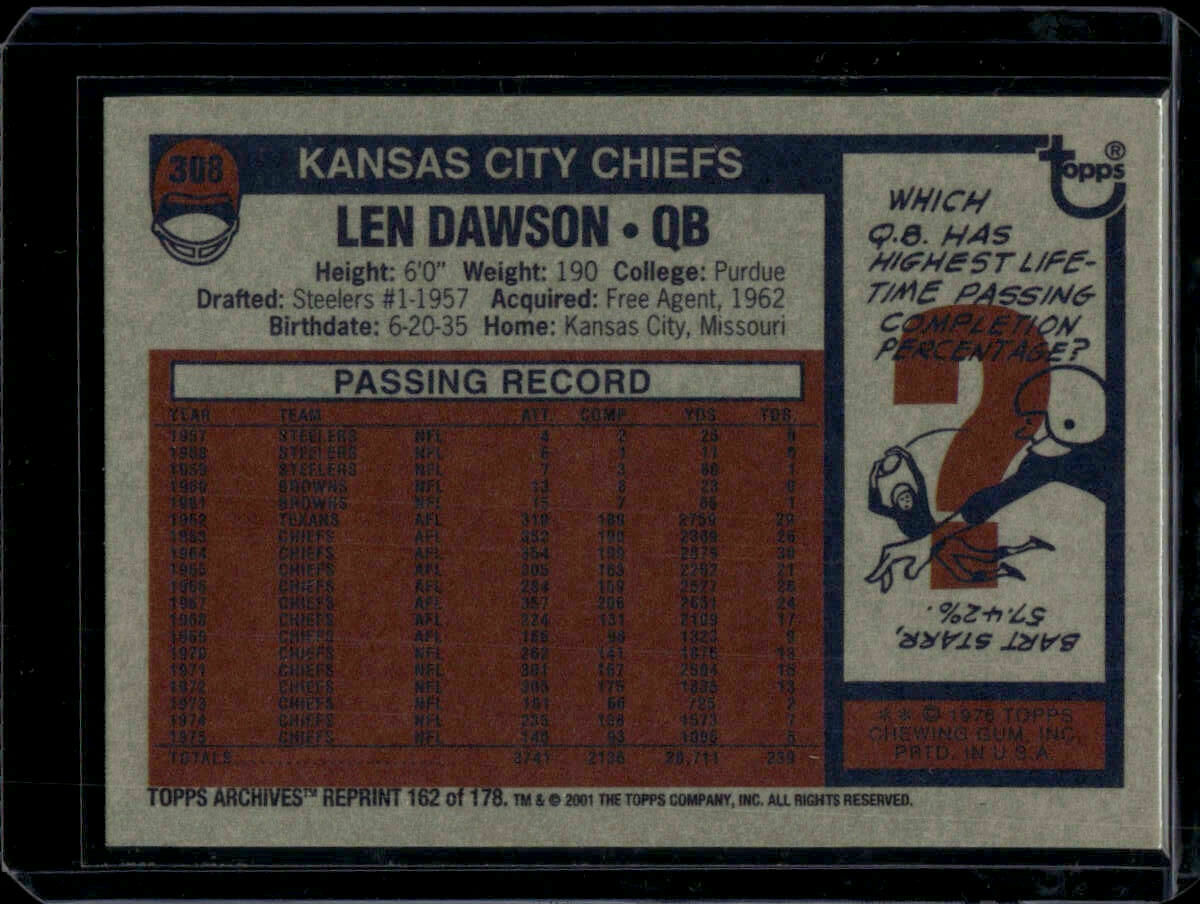 2001 Topps Archives Len Dawson 1976 Reprint On-Card Autograph Trading Card