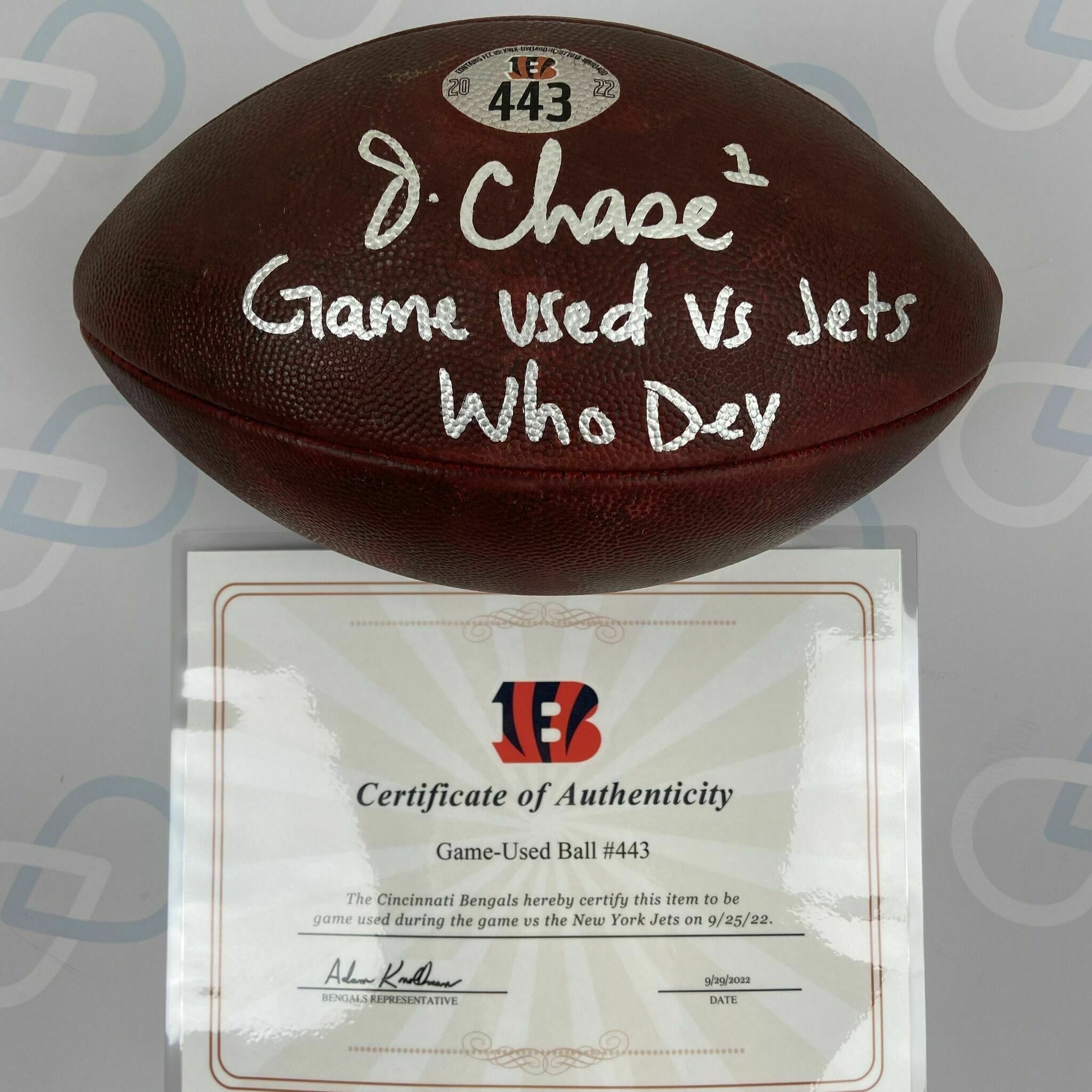 CHASE signed Game-Used Ball #443 vs Jets