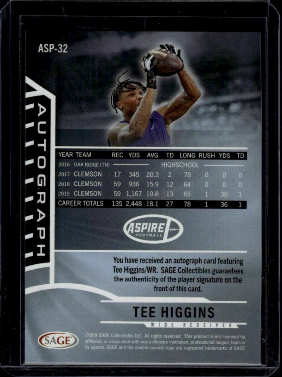 2019 Sage Aspire Tee Higgins Black Foil Autograph Rookie Trading Card