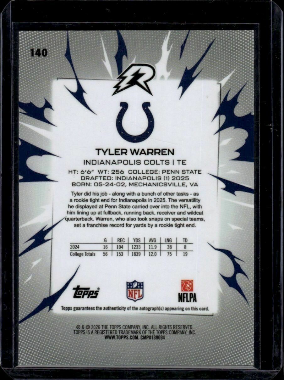 2025 Topps Resurgence Tyler Warren Silver Surge Autograph Refractor Rookie Trading Card