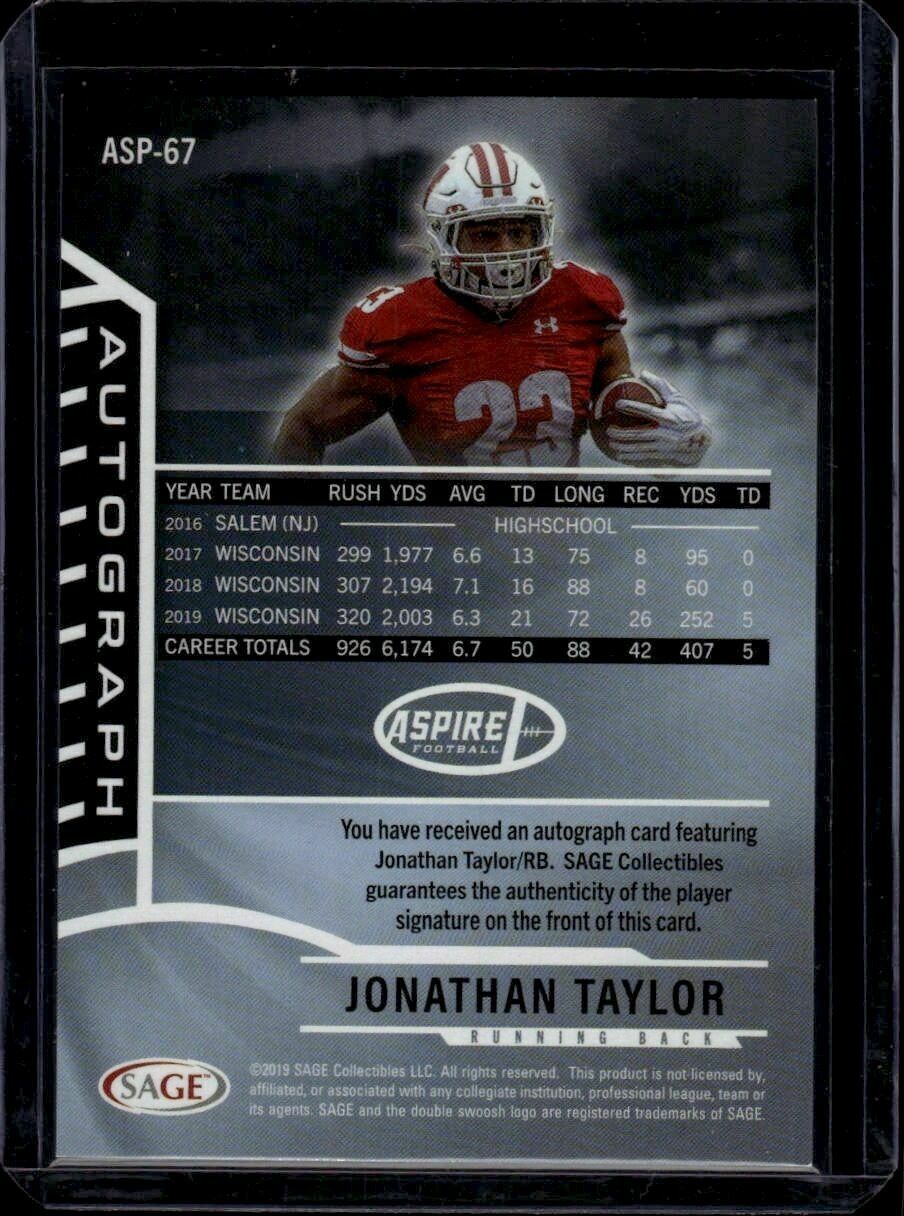 2019 Sage Aspire Jonathan Taylor Autograph Rookie Trading Card