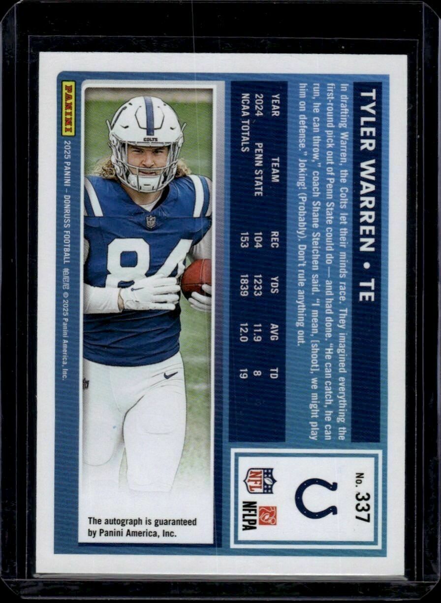 2025 Donruss Tyler Warren Rated Rookie Green Autograph Trading Card