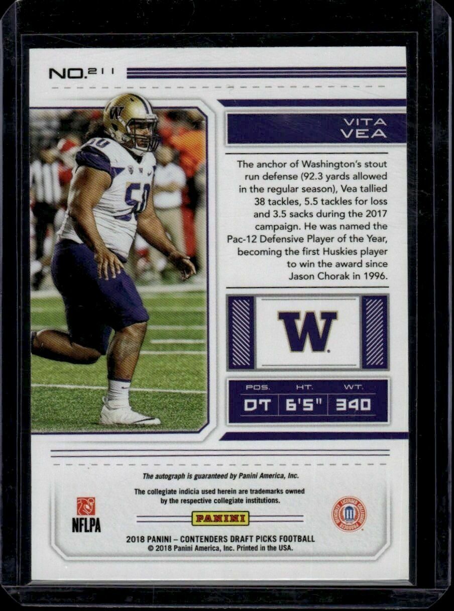 2018 Panini Contenders Draft Picks Vita Vea Autograph Rookie Trading Card