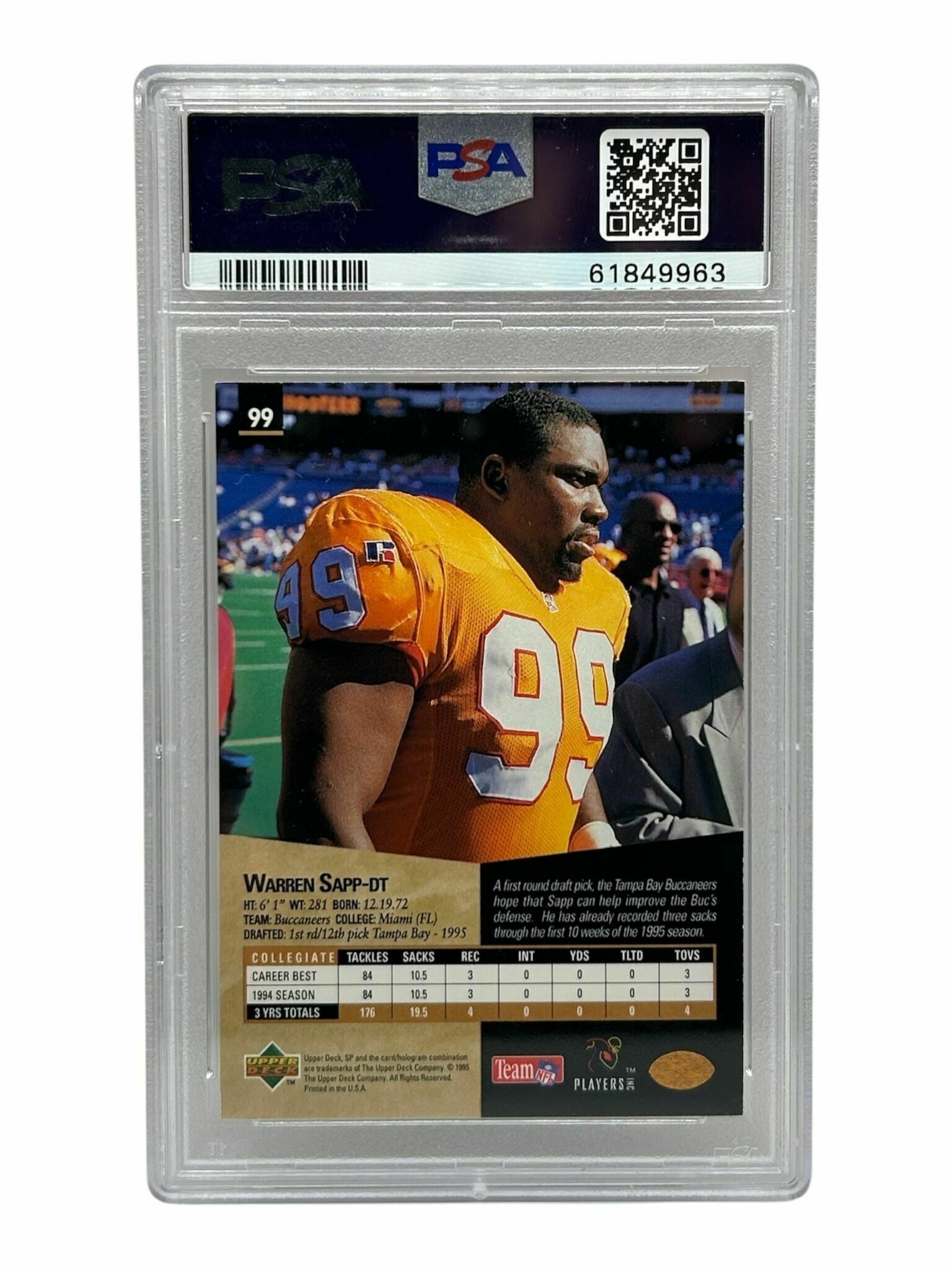 1995 Upper Deck SP Authentic Warren Sapp Rookie Trading Card - PSA Grade 7