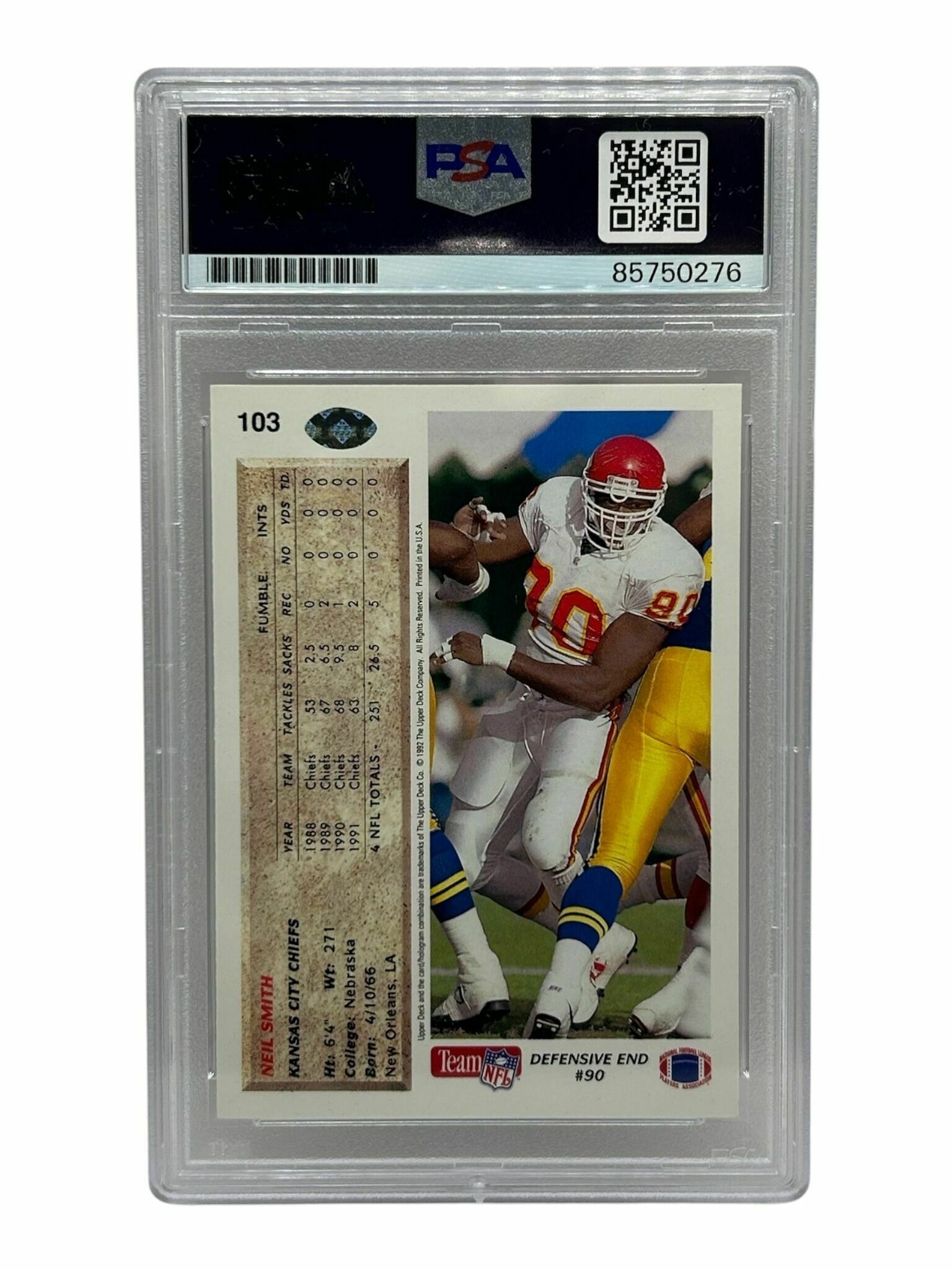 1992 Upper Deck Neil Smith On-Card Autograph Trading Card - PSA Authentic