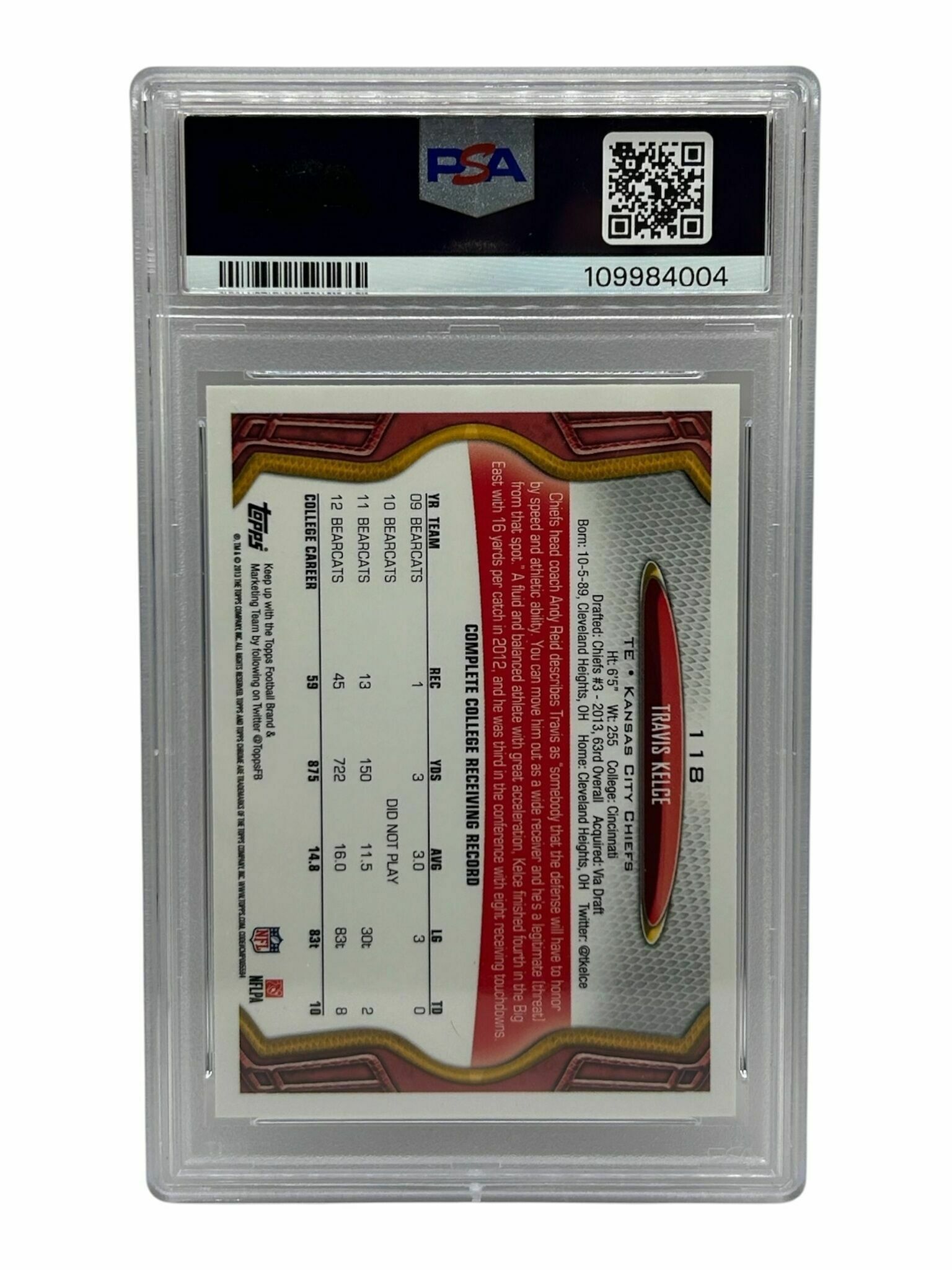 2013 Topps Chrome Travis Kelce Rookie Trading Card - PSA Grade 7 NM