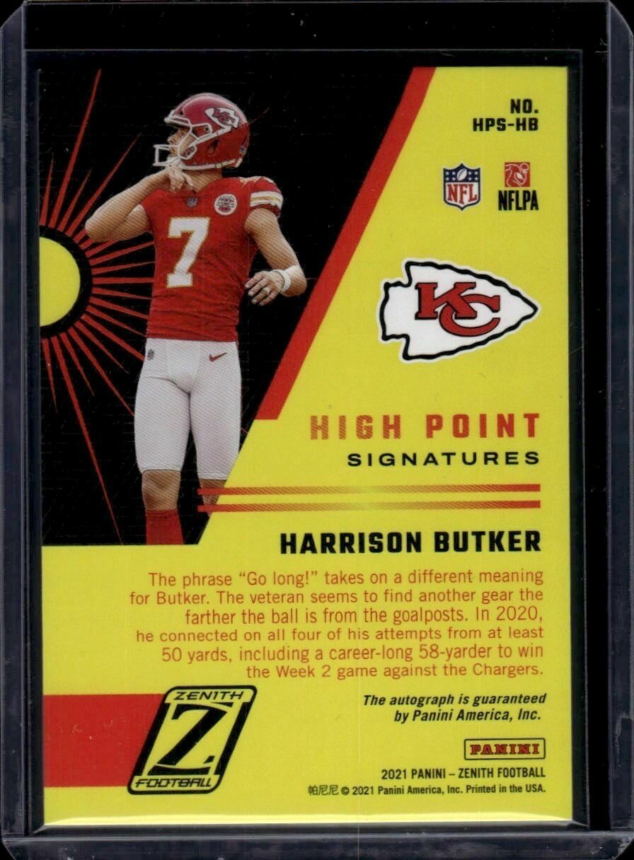 2021 Zenith Harrison Butker High Point Signatures Limited /10 Pulse Prizm Autograph Trading Card