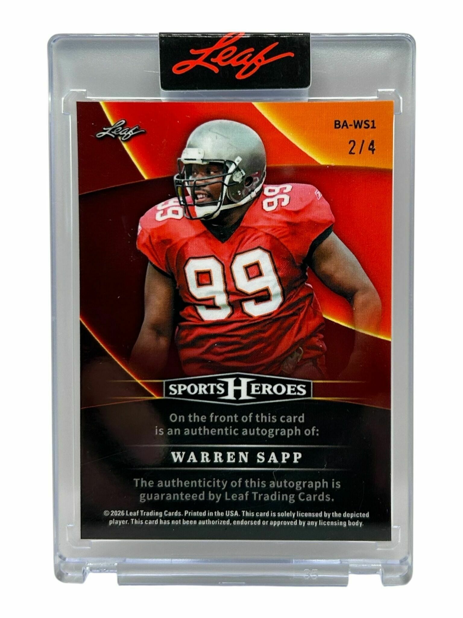 2026 Leaf Sports Heroes Warren Sapp Purple Refractor Limited /4 Autograph Trading Card