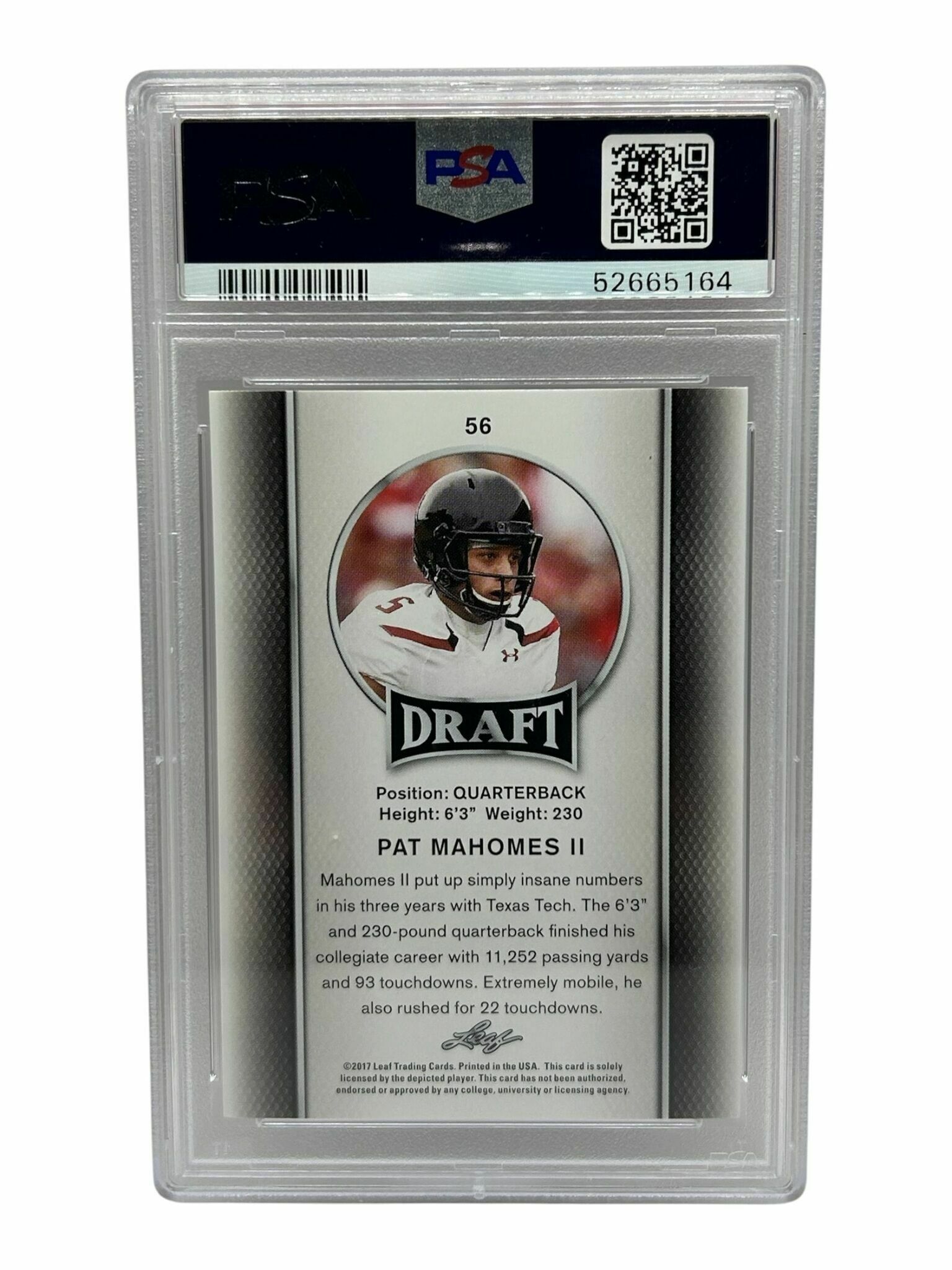 2017 Leaf Draft Patrick Mahomes II Rookie Trading Card - PSA Grade 10 Gem Mint