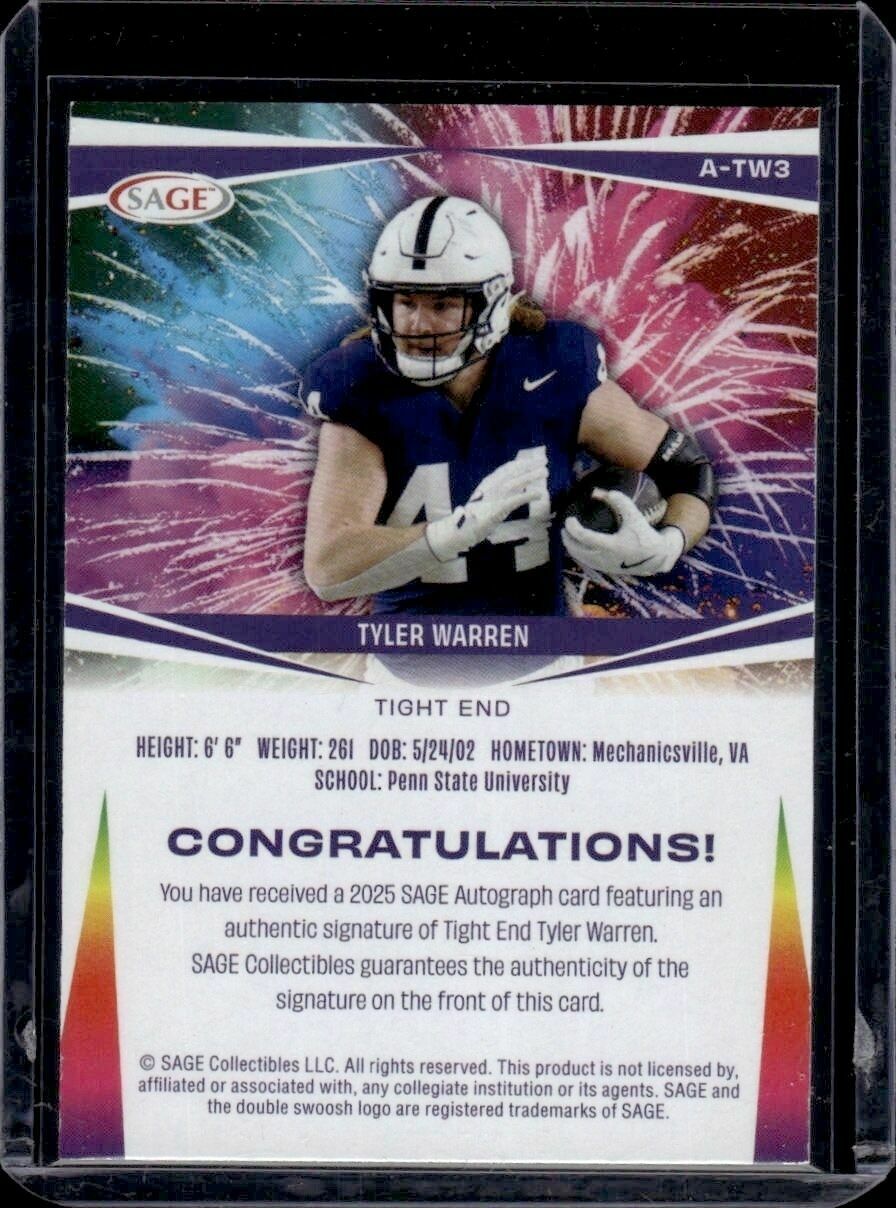 2025 Sage Draft Tyler Warren Fireworks Rookie Autograph Silver Trading Card