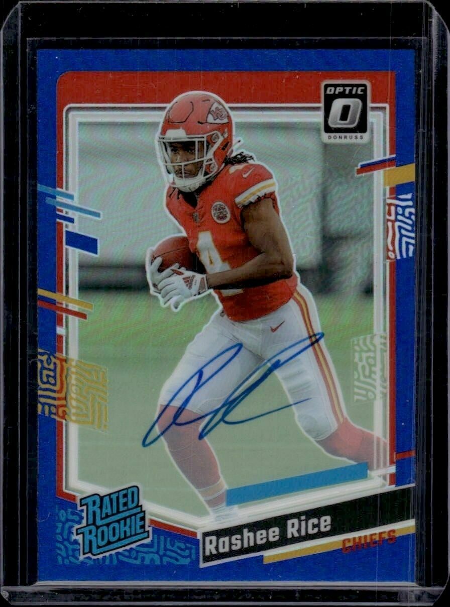 2023 Donruss Optic Rashee Rice Rated Rookie Blue Prizm /99 On-Card Autograph Rookie Trading Card