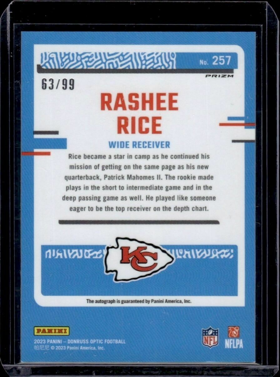 2023 Donruss Optic Rashee Rice Rated Rookie Blue Prizm /99 On-Card Autograph Rookie Trading Card