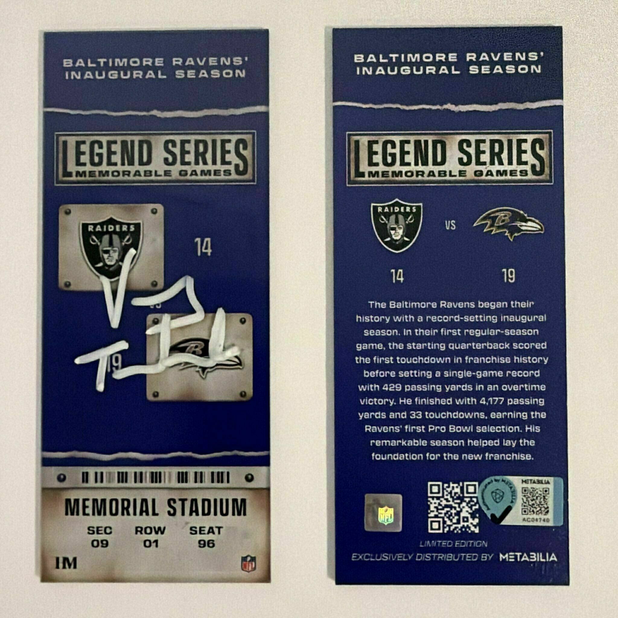 #12 Vinny Testaverde signed Inaugural Game Commemorative Ticket - Legend Series