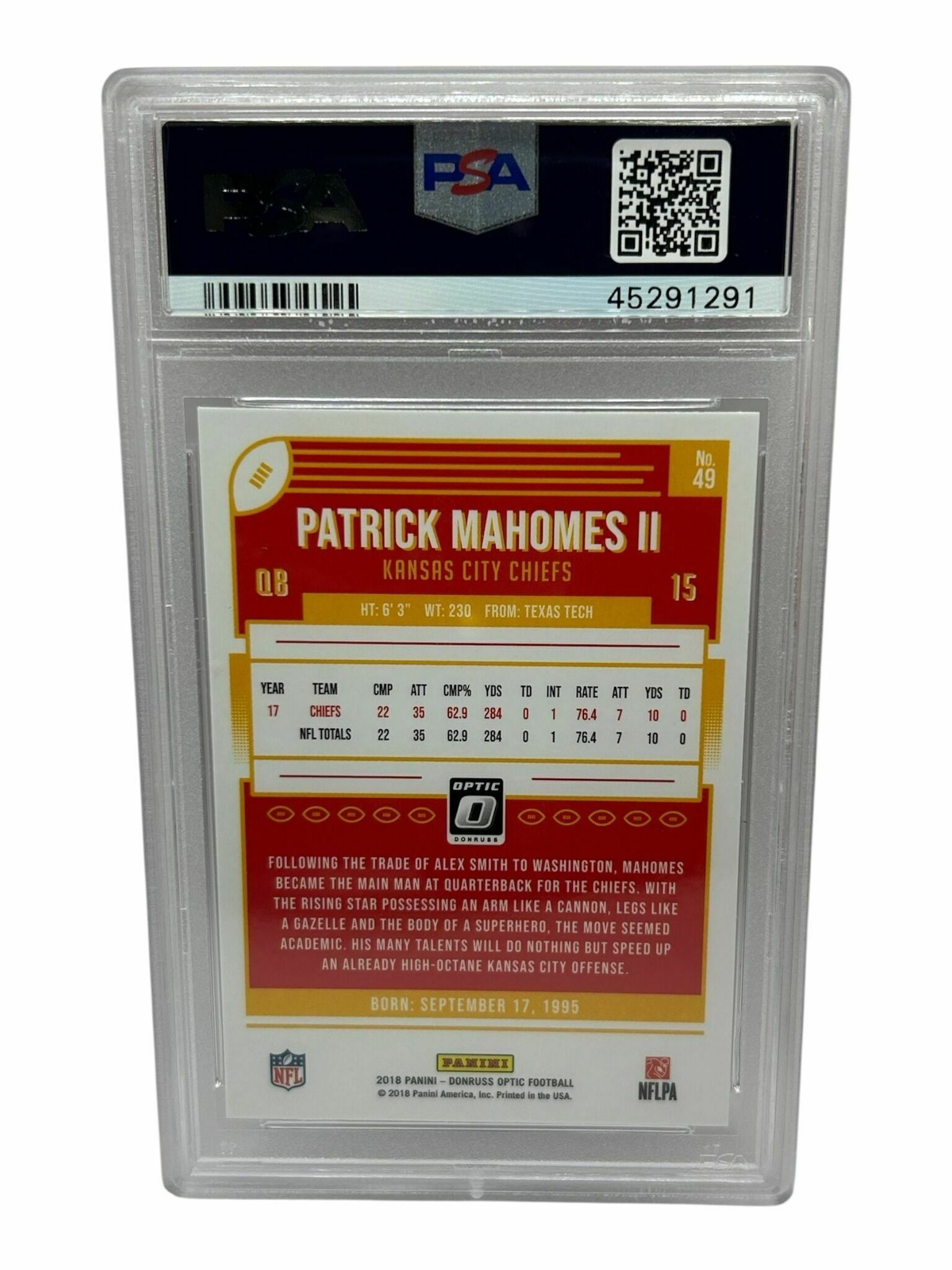 2018 Donruss Patrick Mahomes II Trading Card - PSA Grade 10 Gem Mint