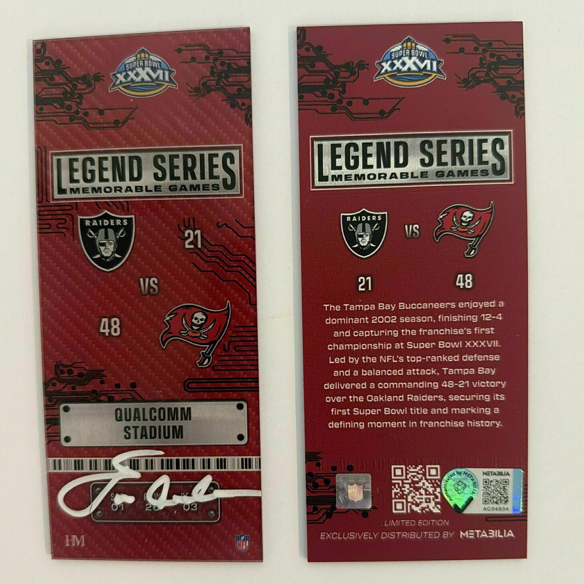 ONLY 1 of 3 total - Coach Jon Gruden Signed SB XXXVII Commemorative Ticket