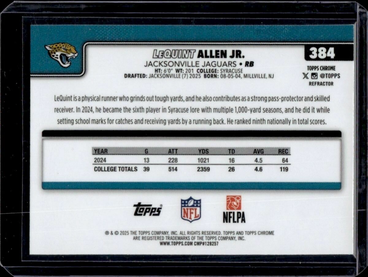 2025 Topps Chrome LeQuint Allen Jr. Holo Refractor Rookie Trading Card