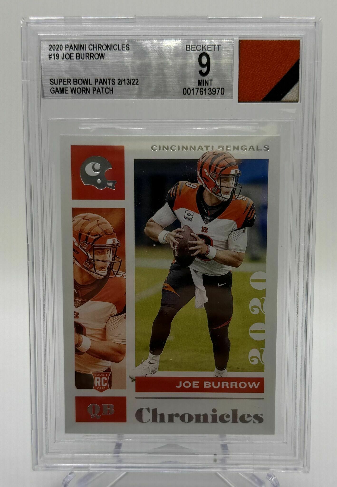 2020 Panini Chronicles Joe Burrow Rookie W/ Game Used Pant Patch From The Super Bowl