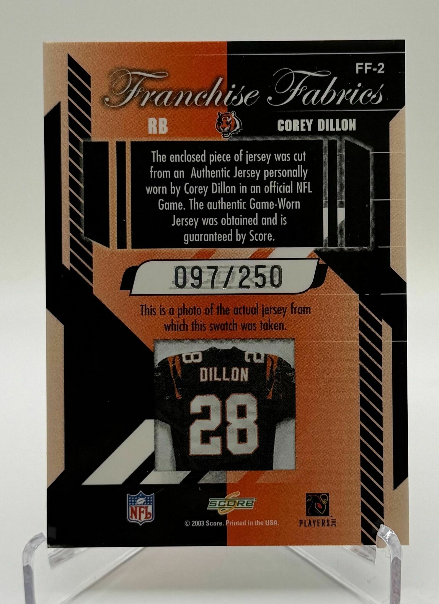 2003 Score Corey Dillion Jersey Patch Card /250
