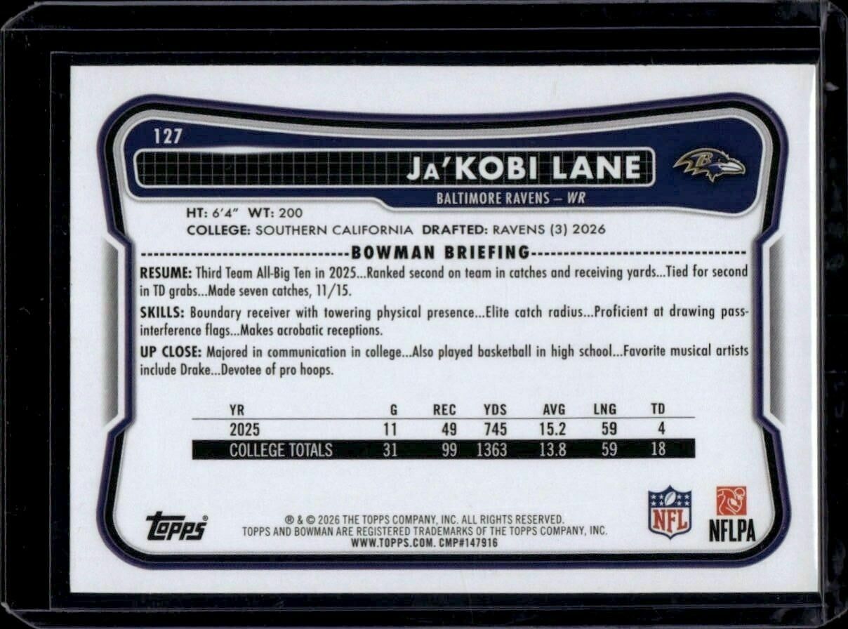 2026 Bowman Ja'Kobi Lane Rookie Trading Card