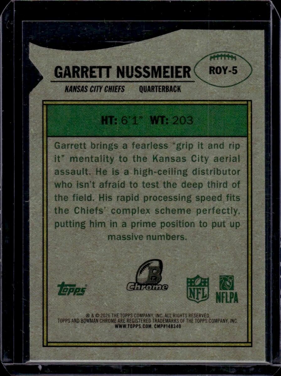 2026 Bowman Garrett Nussmeier Rookie of the Year Favorites Die-Cut Rookie Trading Card