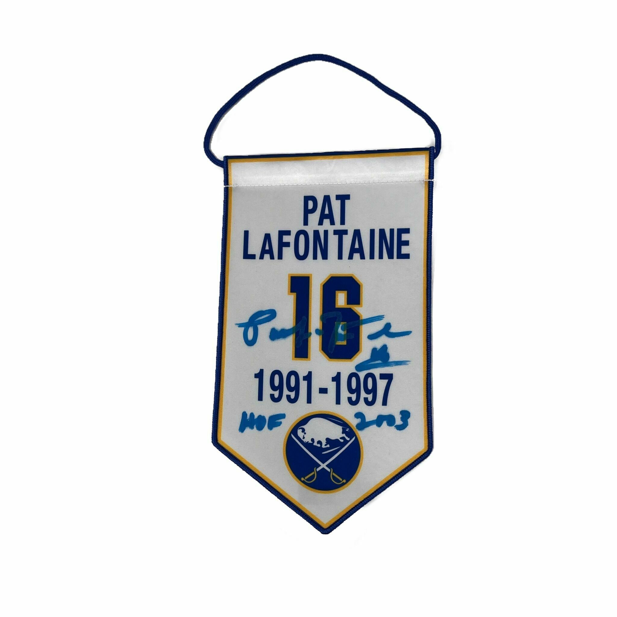 Pat LaFontaine Signed Mini Retirement Banner with "HOF 2003"