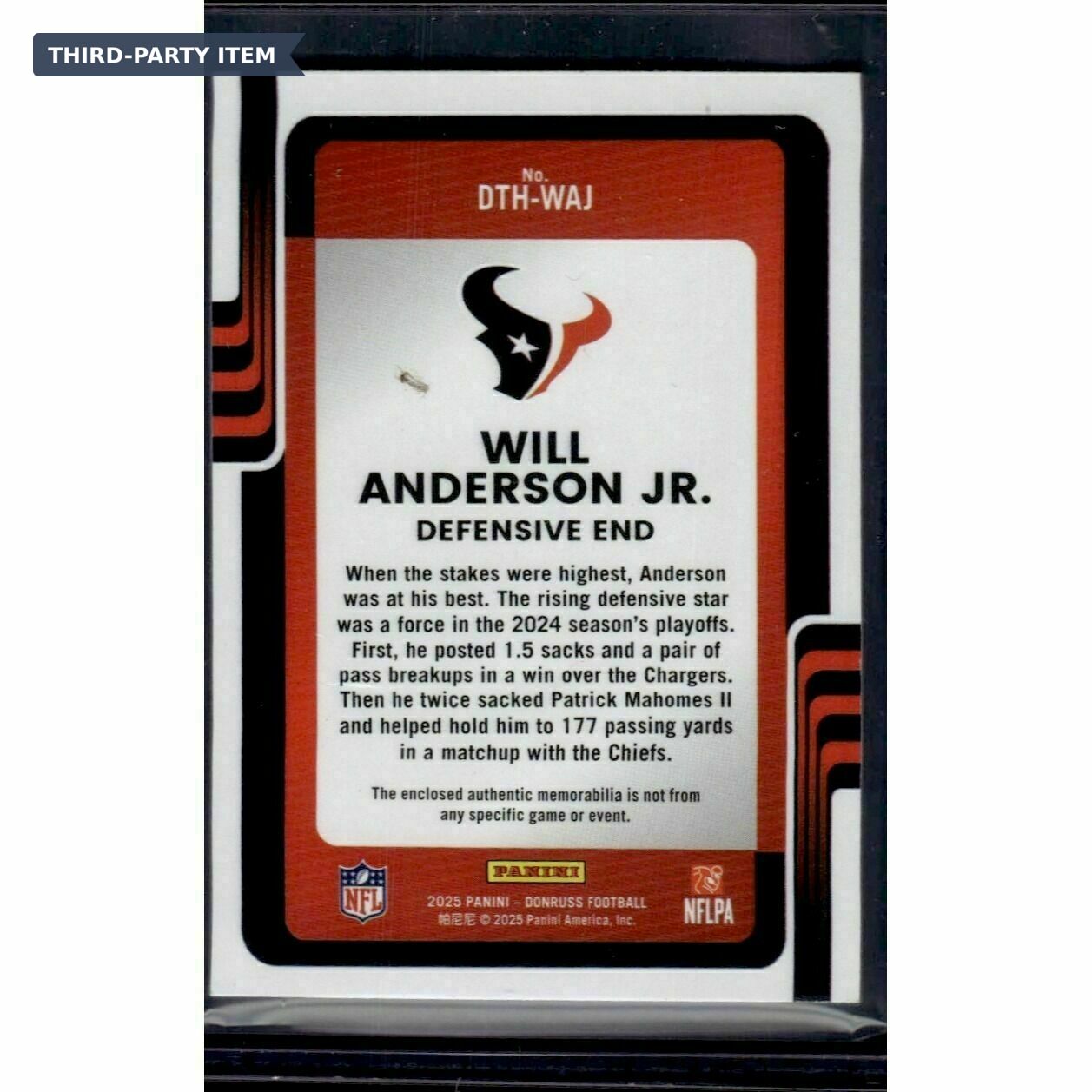 2025 Donruss Will Anderson Jr. Donruss Threads Jersey Patch Trading Card