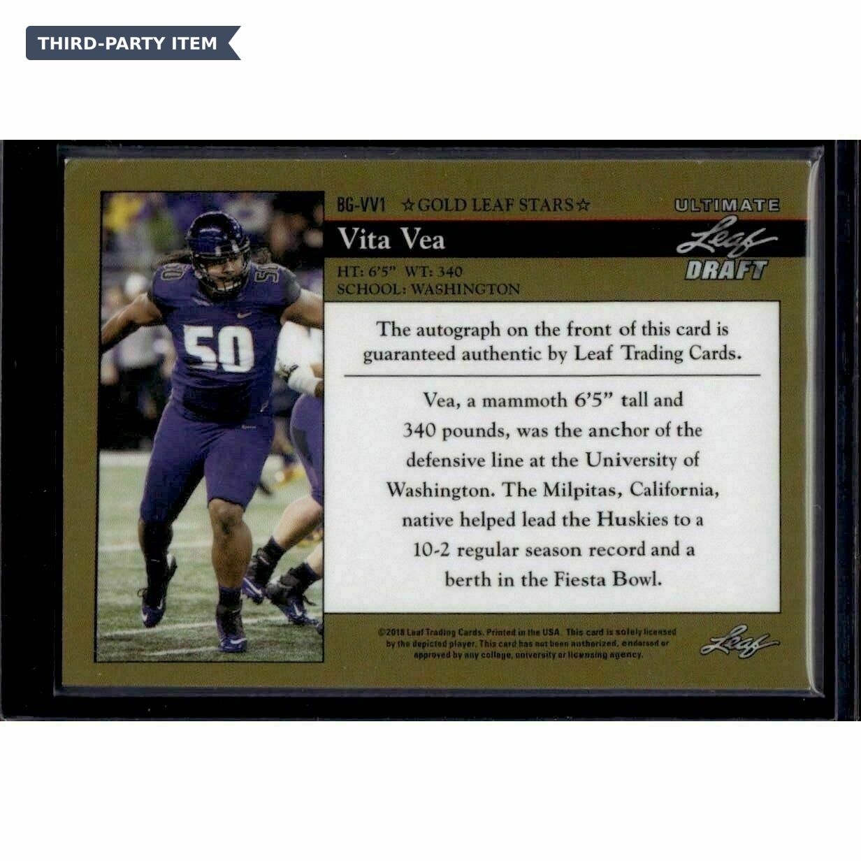 2018 Leaf Ultimate Draft Vita Vea 1992 Leaf Black Gold Autographs Rookie Trading Card